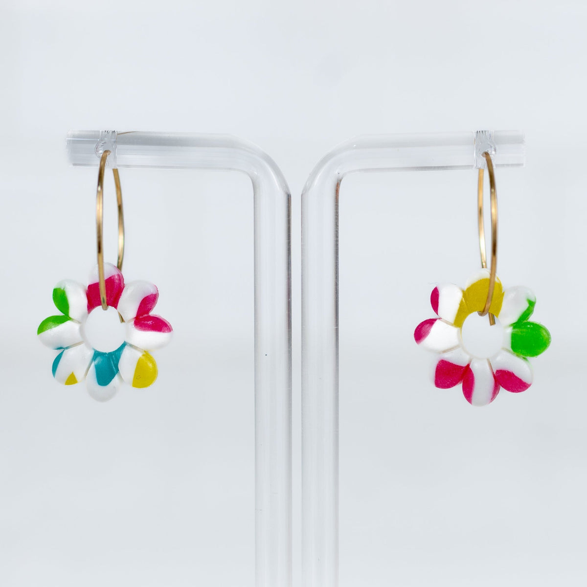 Handmade stained glass flower hoop earrings in polymer clay