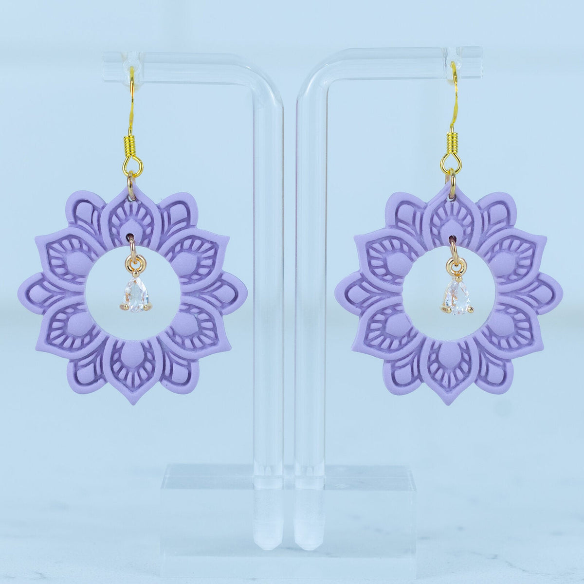 Lavender Mandala Hook Dangles - handmade polymer clay earrings