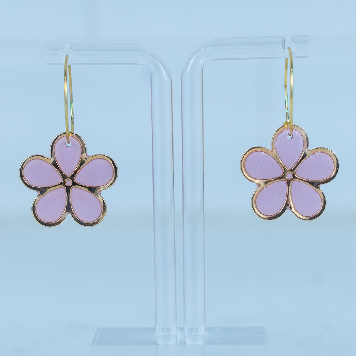 Pink Flower Gold Hoops - handmade polymer clay earrings