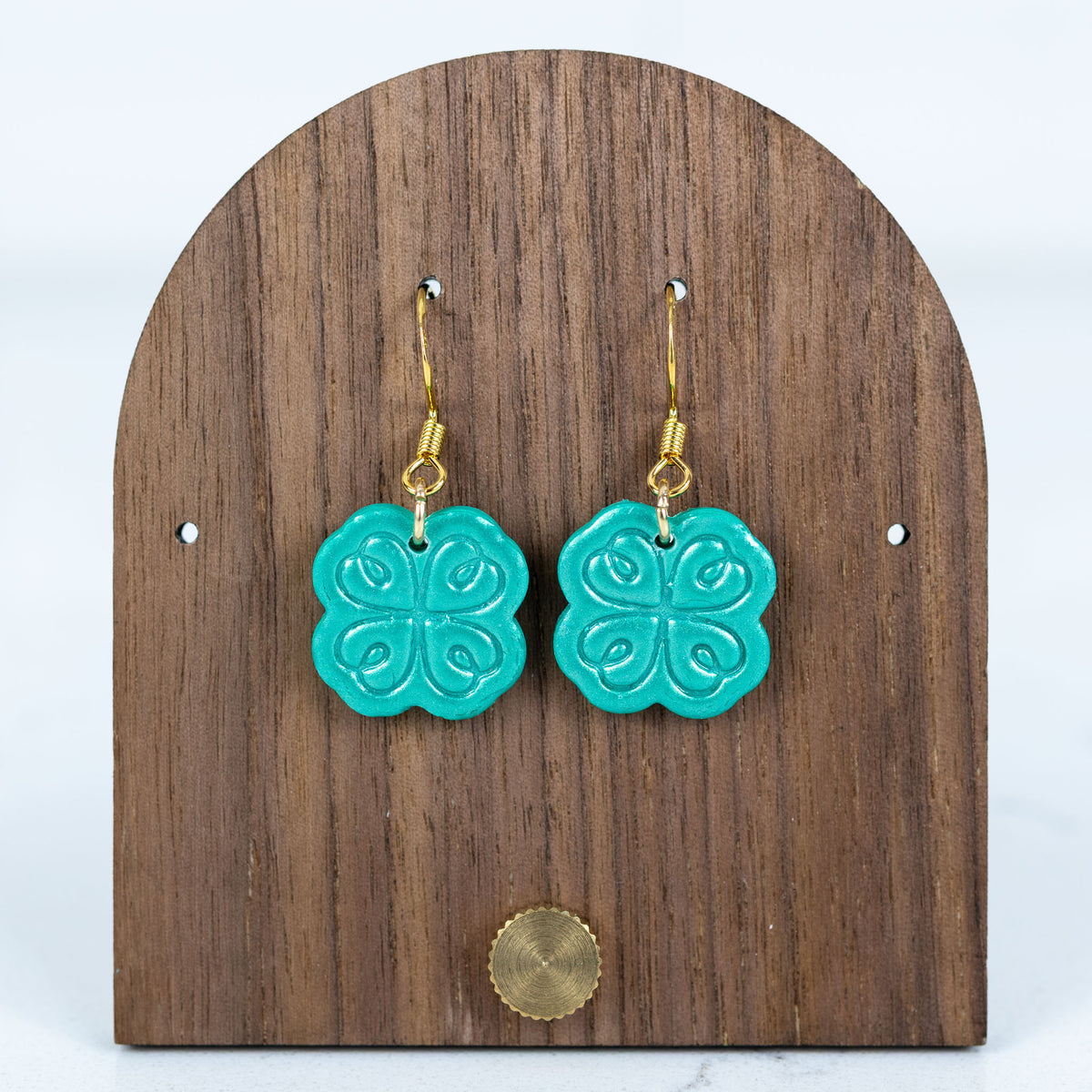 teal-shamrock-earrings-gold-hook