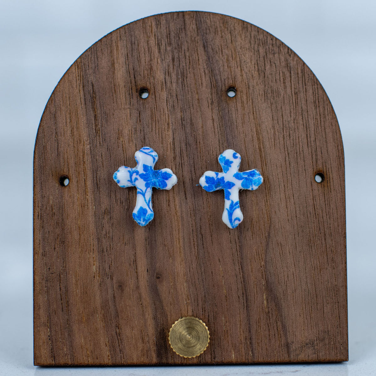 Blue Floral Cross Studs