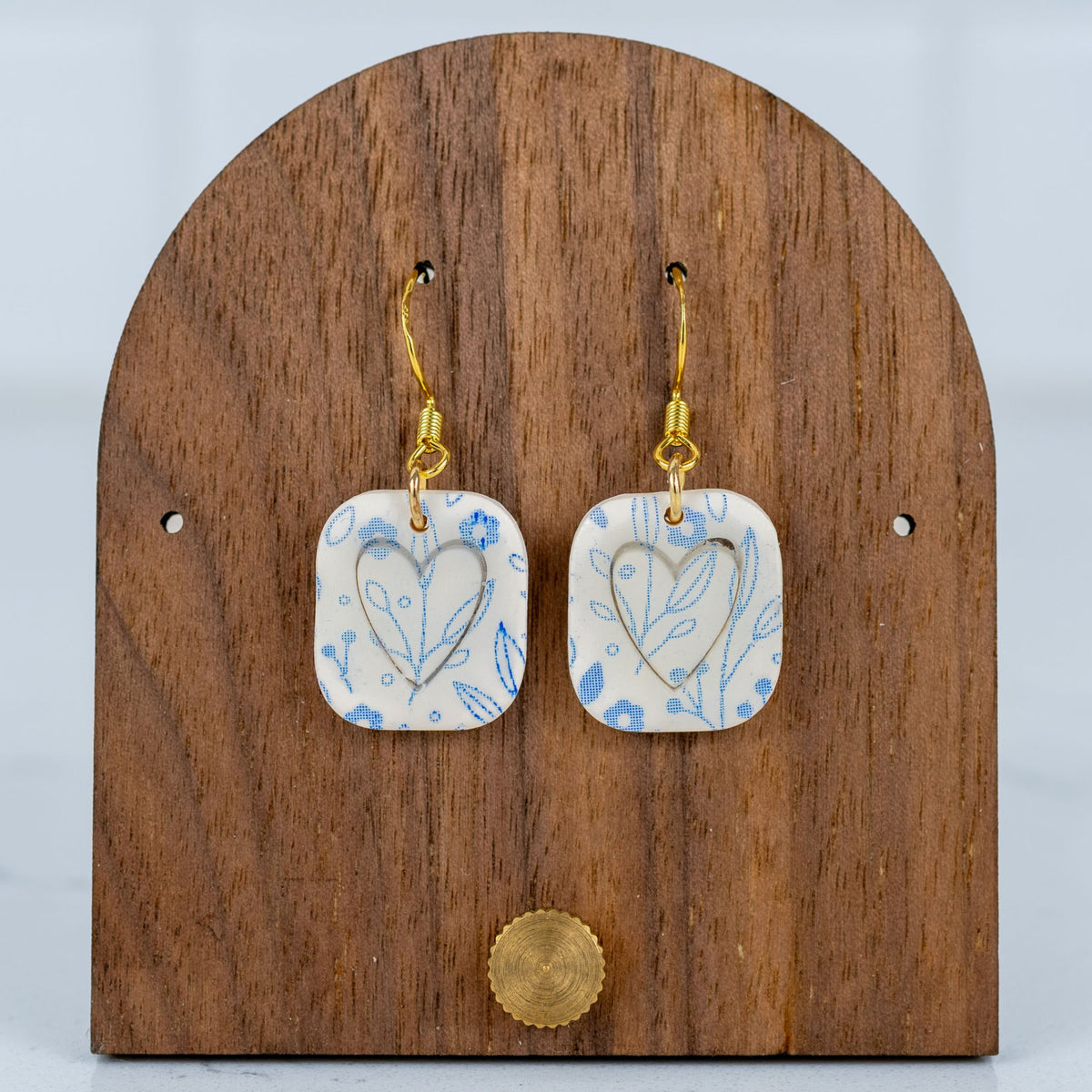 Blue Floral Heart Cutout Square Dangles - Hooks