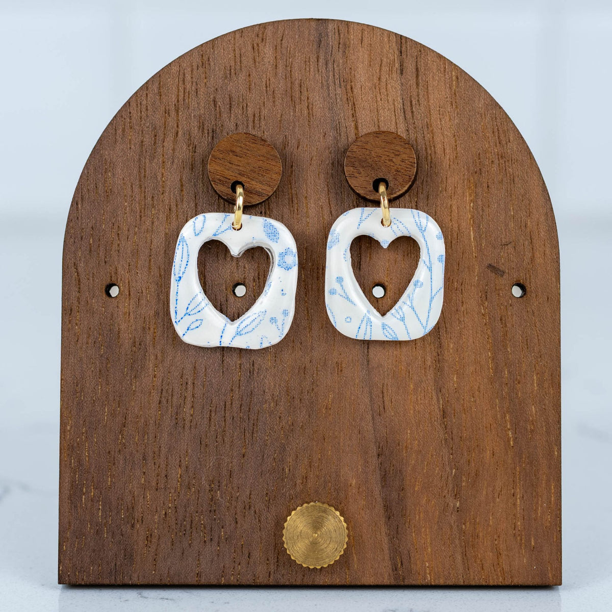 Blue Floral Heart Cutout Square Dangles - Wood Studs