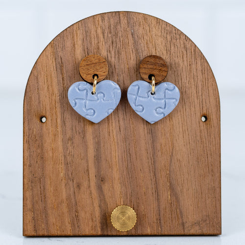 Blue Puzzle Heart Dangles - Wood Studs