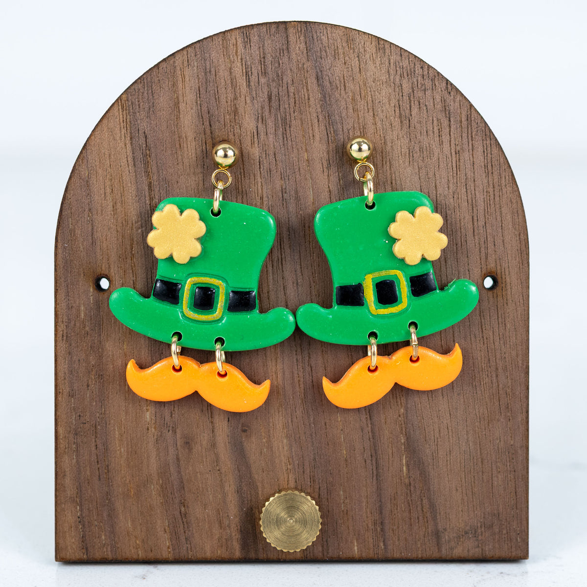 Green leprechaun hat earrings with gold buckle and orange mustache drop