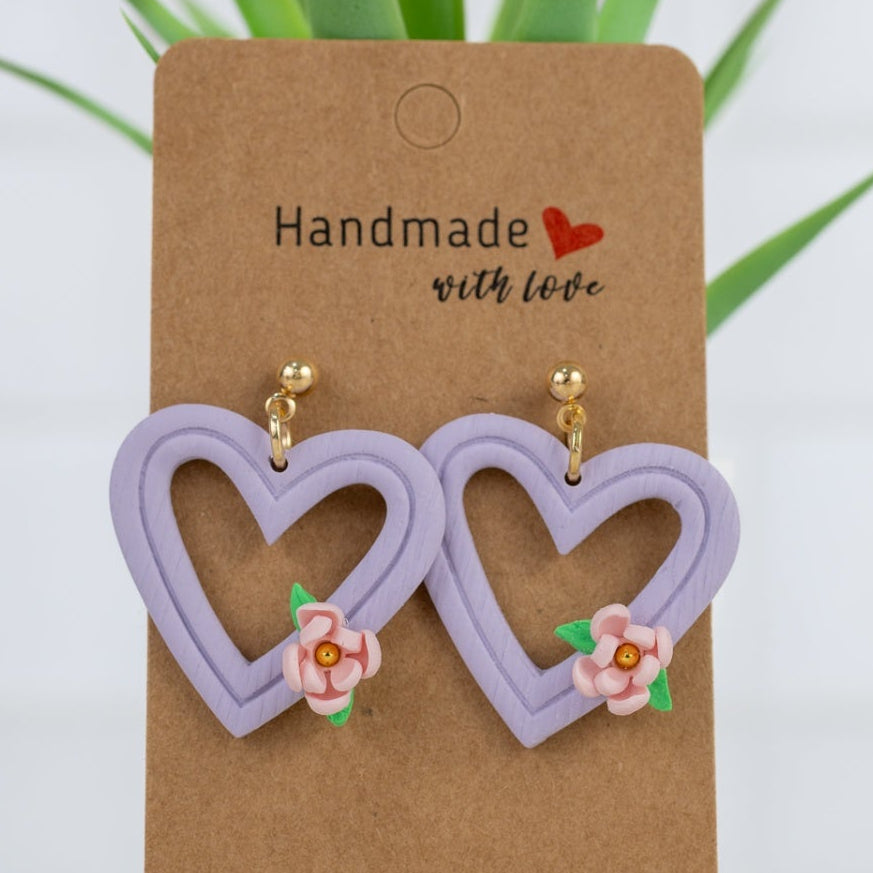 Lavender Heart Floral Dangles - handmade polymer clay earrings