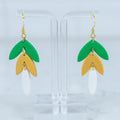 Green and gold layered polymer clay dangle earrings with gold hook hardware