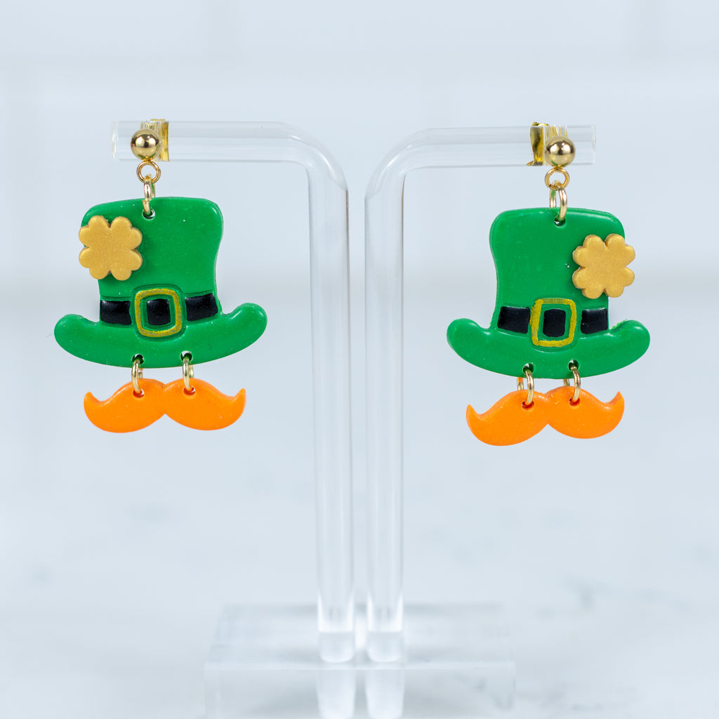 Leprechaun hat and mustache polymer clay dangle earrings for St. Patrick’s Day