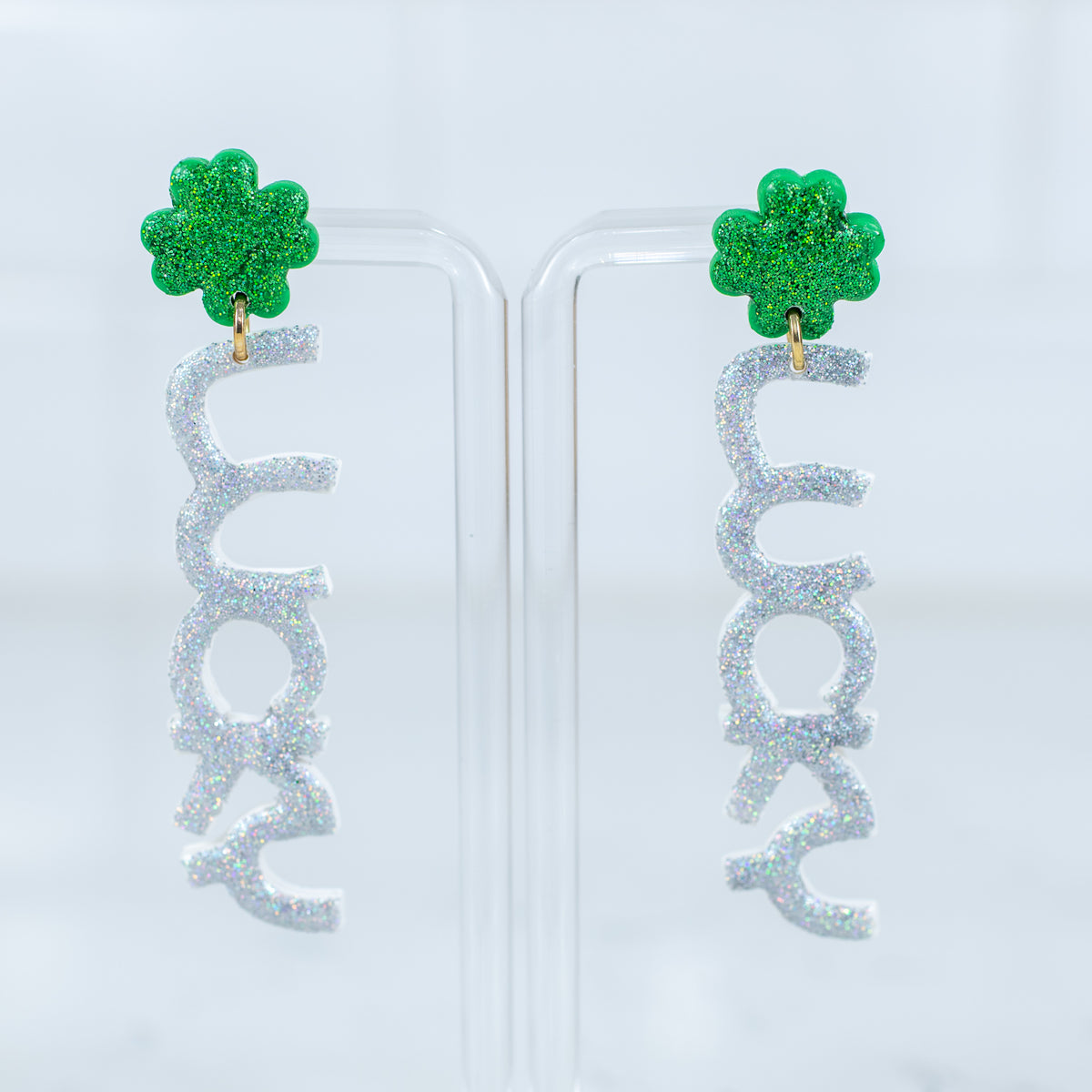 Lucky glitter shamrock word polymer clay dangle earrings for St. Patrick’s Day