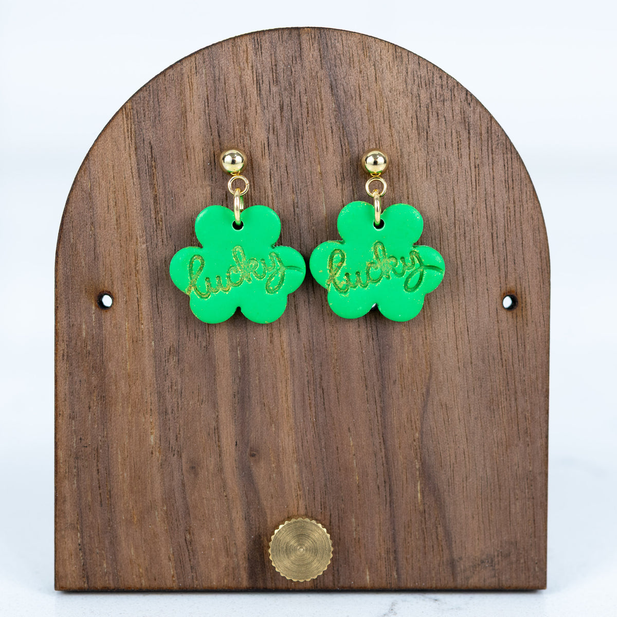green shamrock dangle earrings with gold ball stud