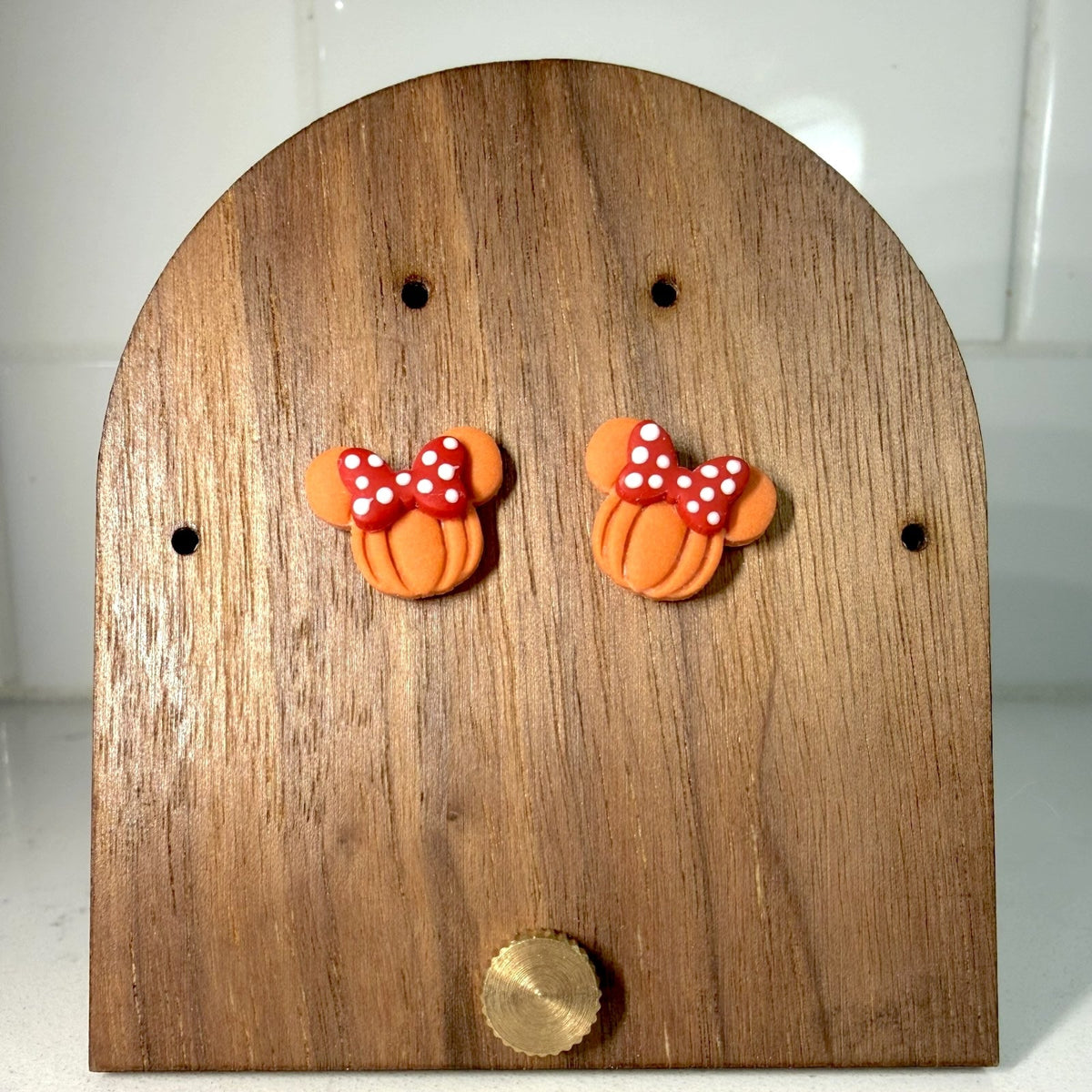 Polka Dot Bow Pumpkin Studs - handmade polymer clay earrings