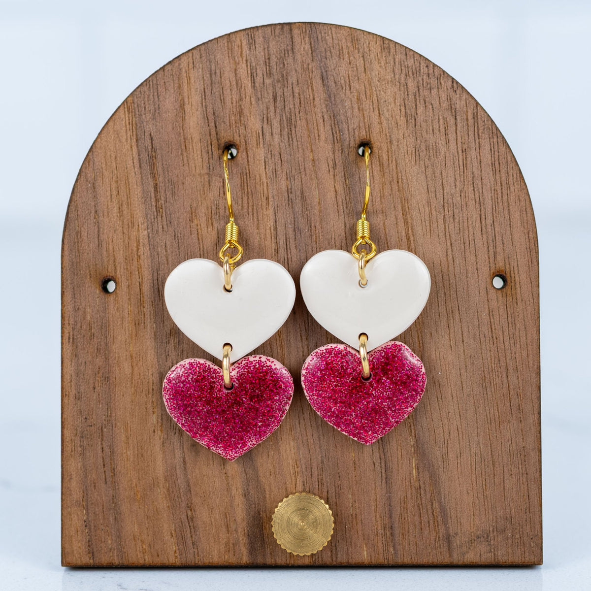 White and Pink Glitter Double Heart Dangles