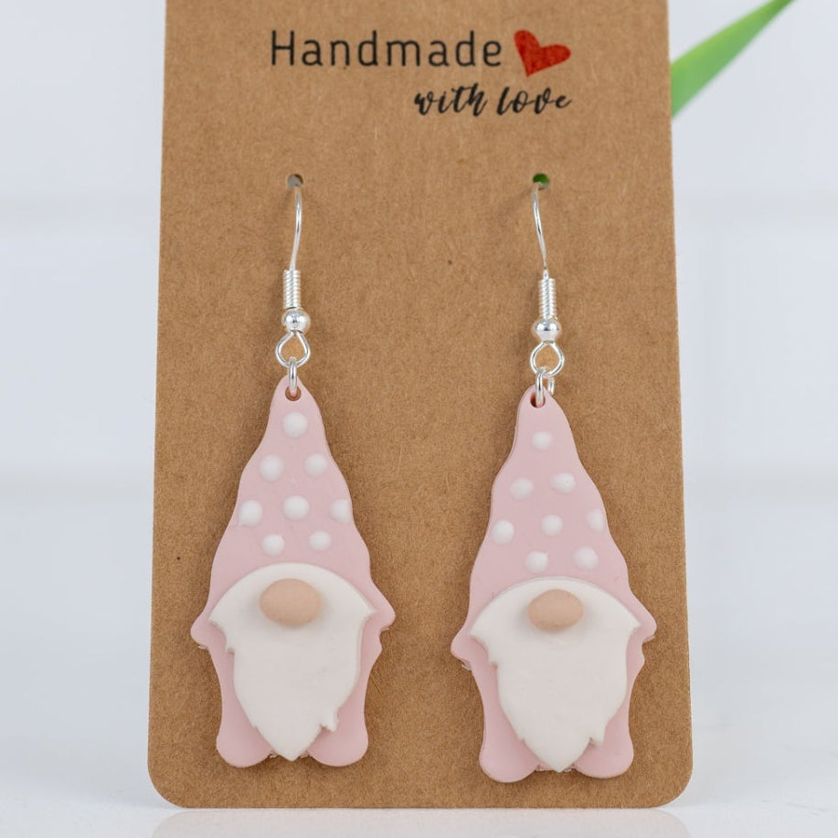Pink Gnome Dangles - handmade polymer clay earrings