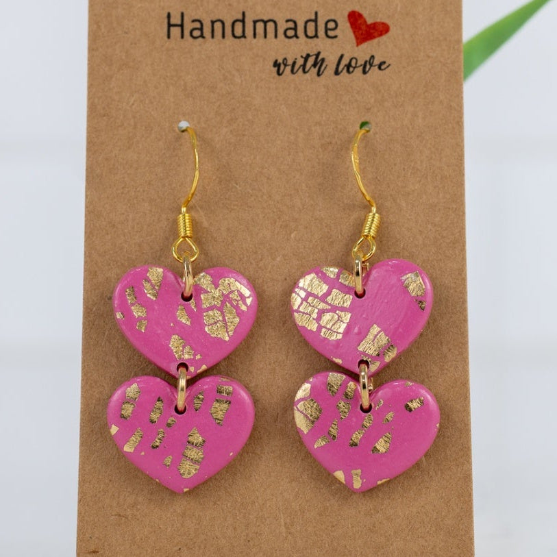 Pink Gold Double Heart Dangles
