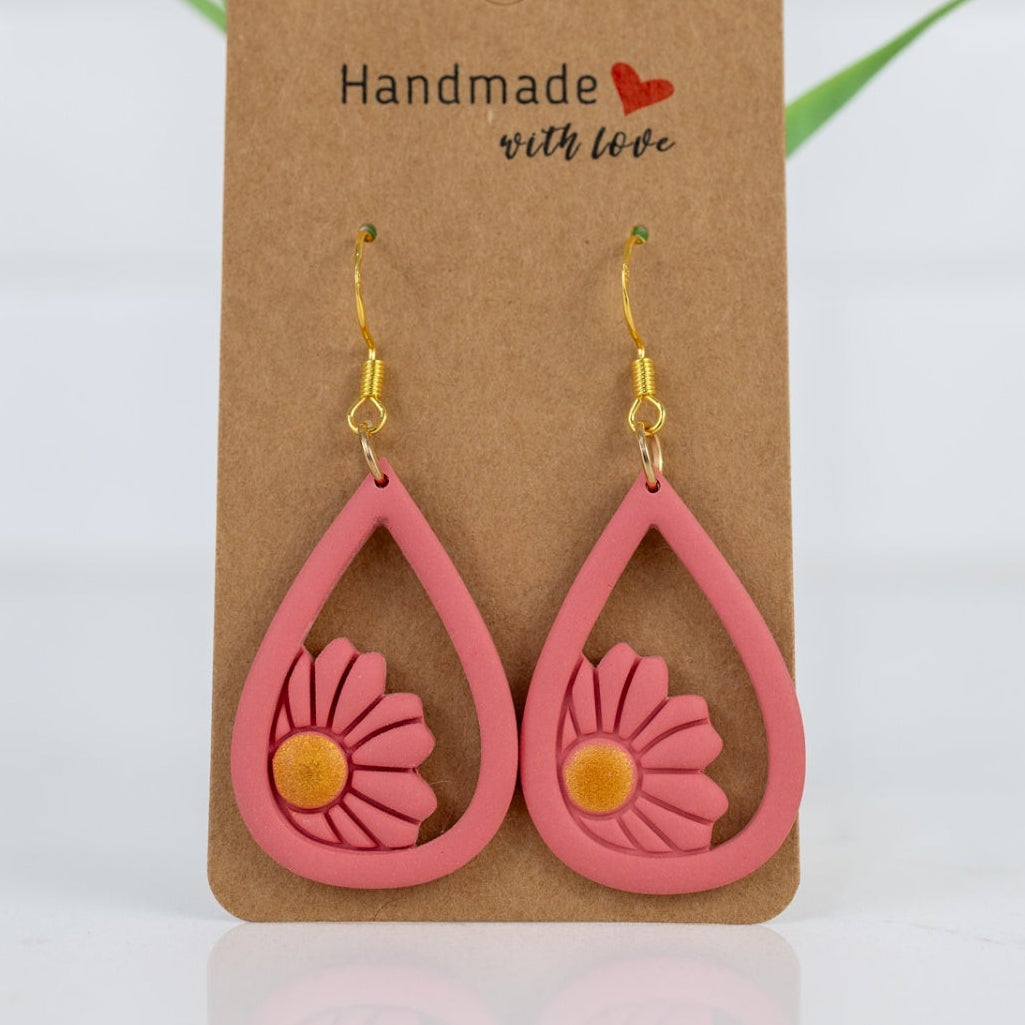 Pink Teardrop Daisy Dangles - handmade polymer clay earrings