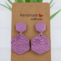 Purple Hexagon Floral Dangles - handmade polymer clay earrings