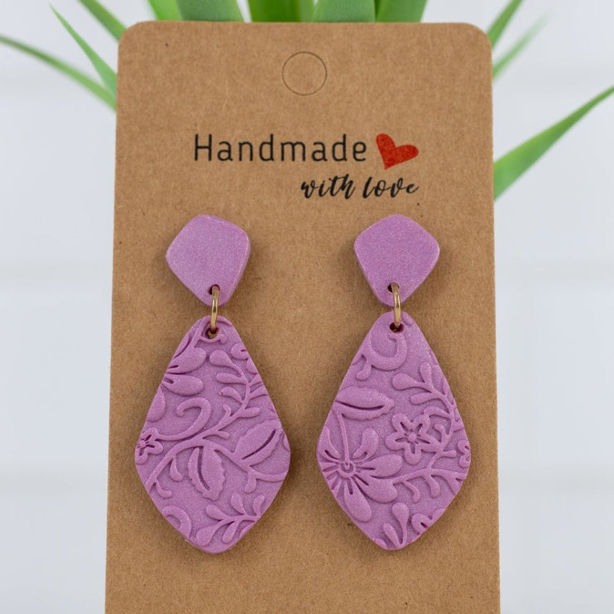 Purple Teardrop Floral Dangles - handmade polymer clay earrings