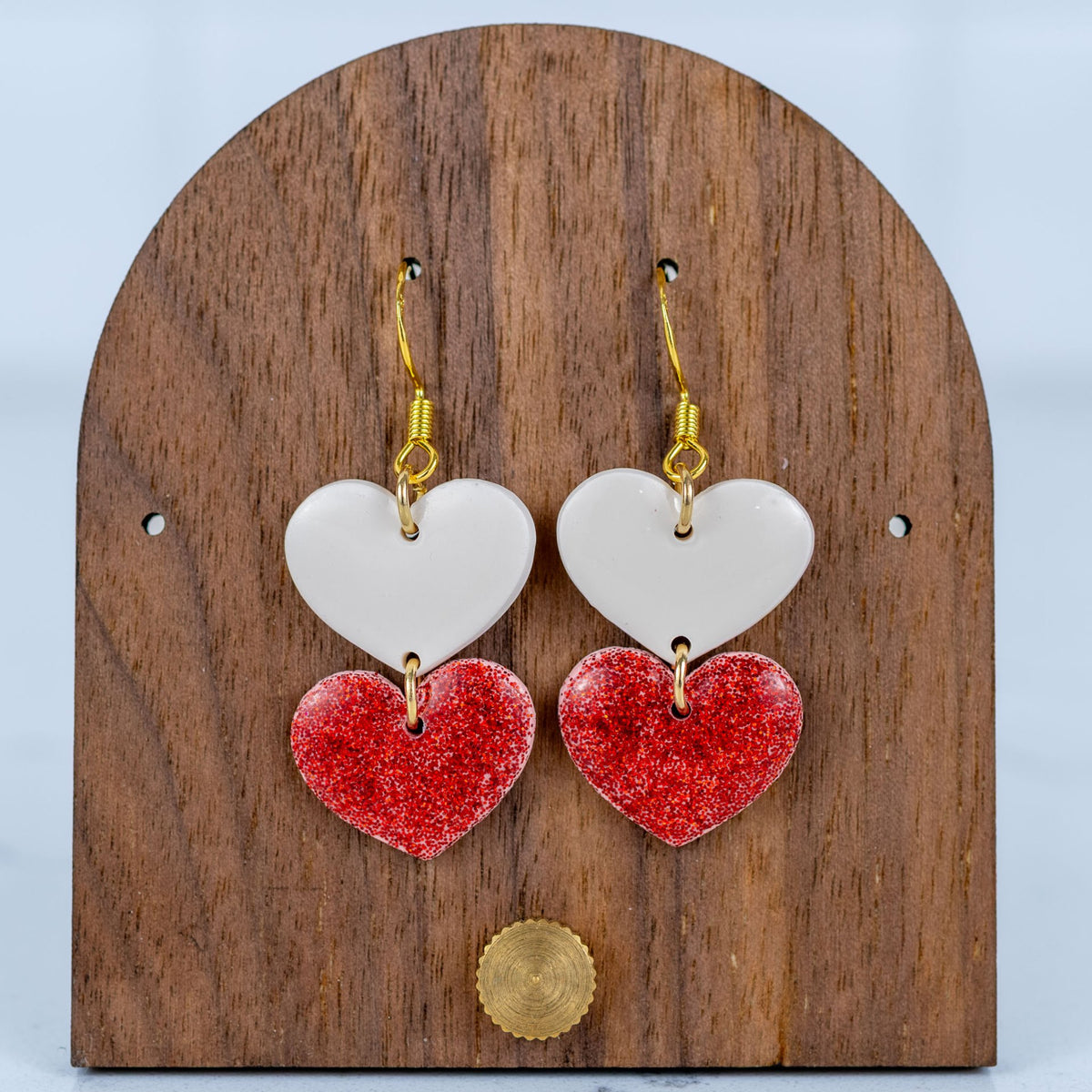 White and Red Glitter Double Heart Dangles