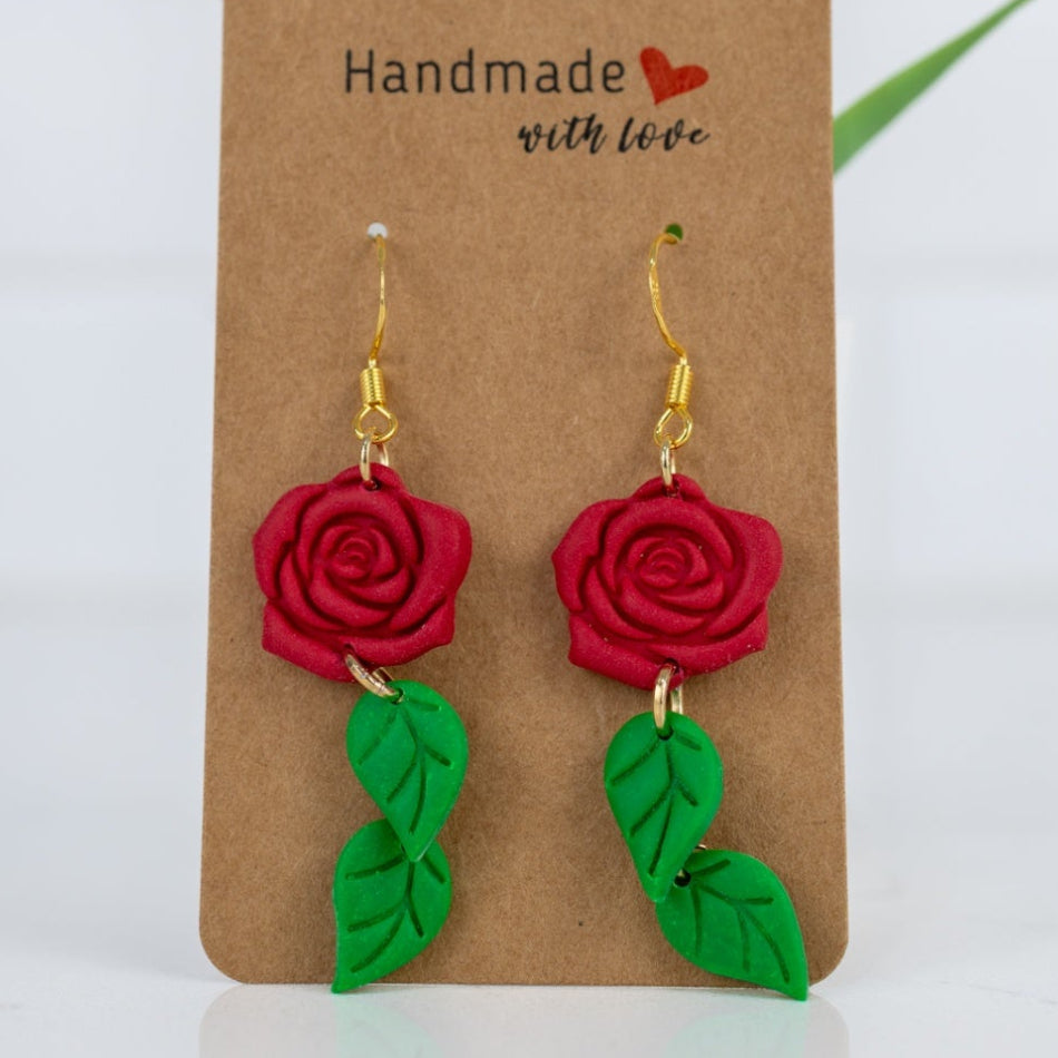 Red Rose Leaf Dangles  - handmade polymer clay earrings