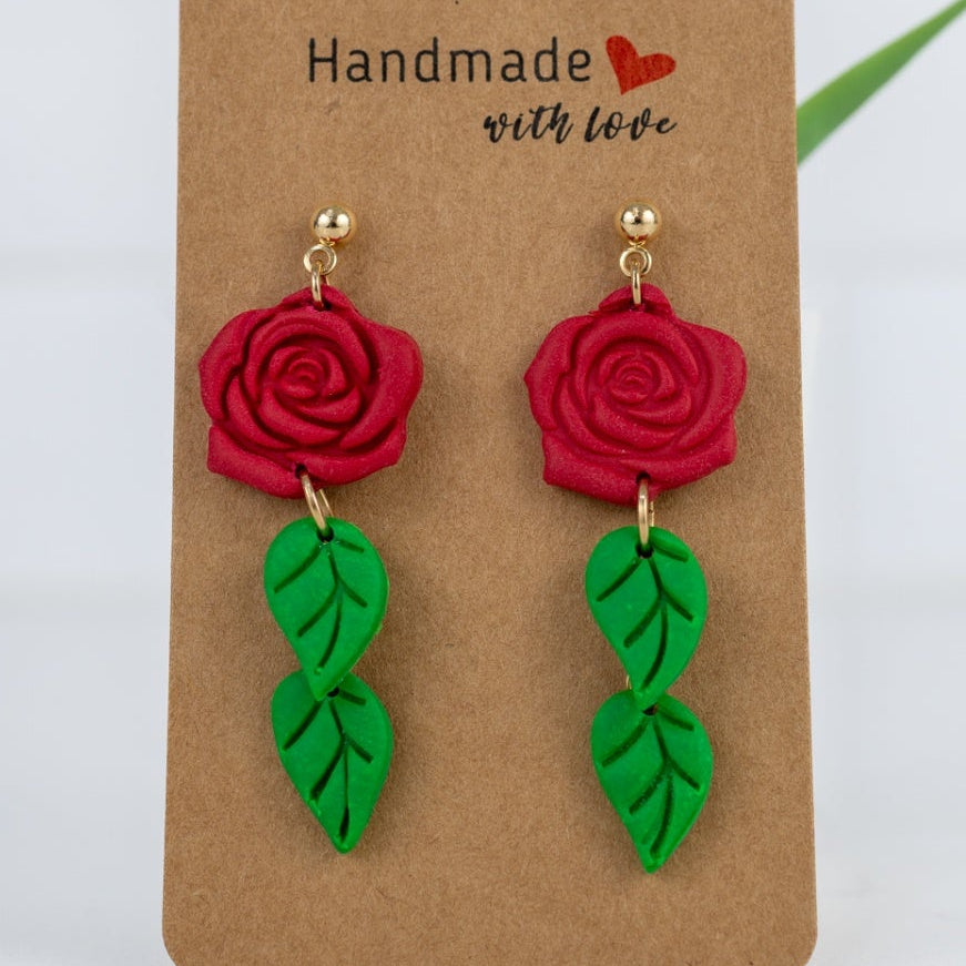 Red Rose Garden Dangles - handmade polymer clay earrings