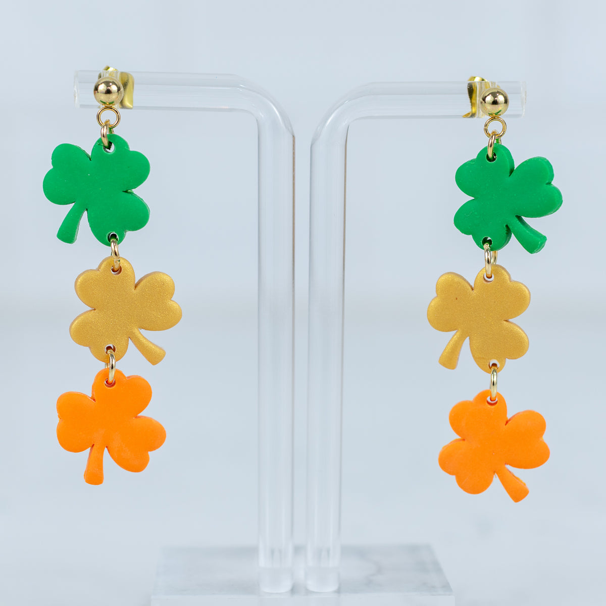Triple clover statement earrings with gold ball studs in green and gold
