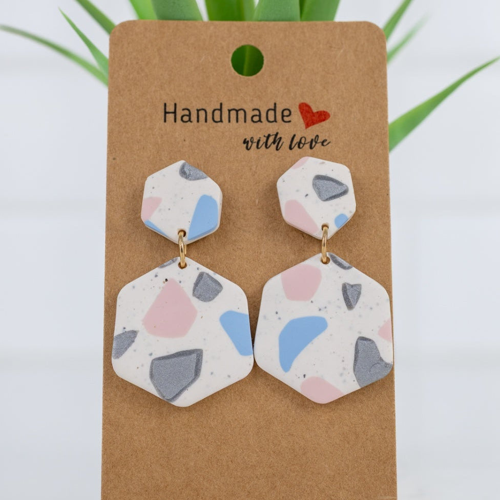 Terrazzo Hexagon Dangles - handmade polymer clay earrings